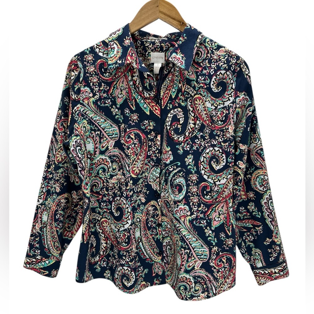 Chico's Classic No-Iron Paisley Print Button Down Shirt Resort Preppy Office